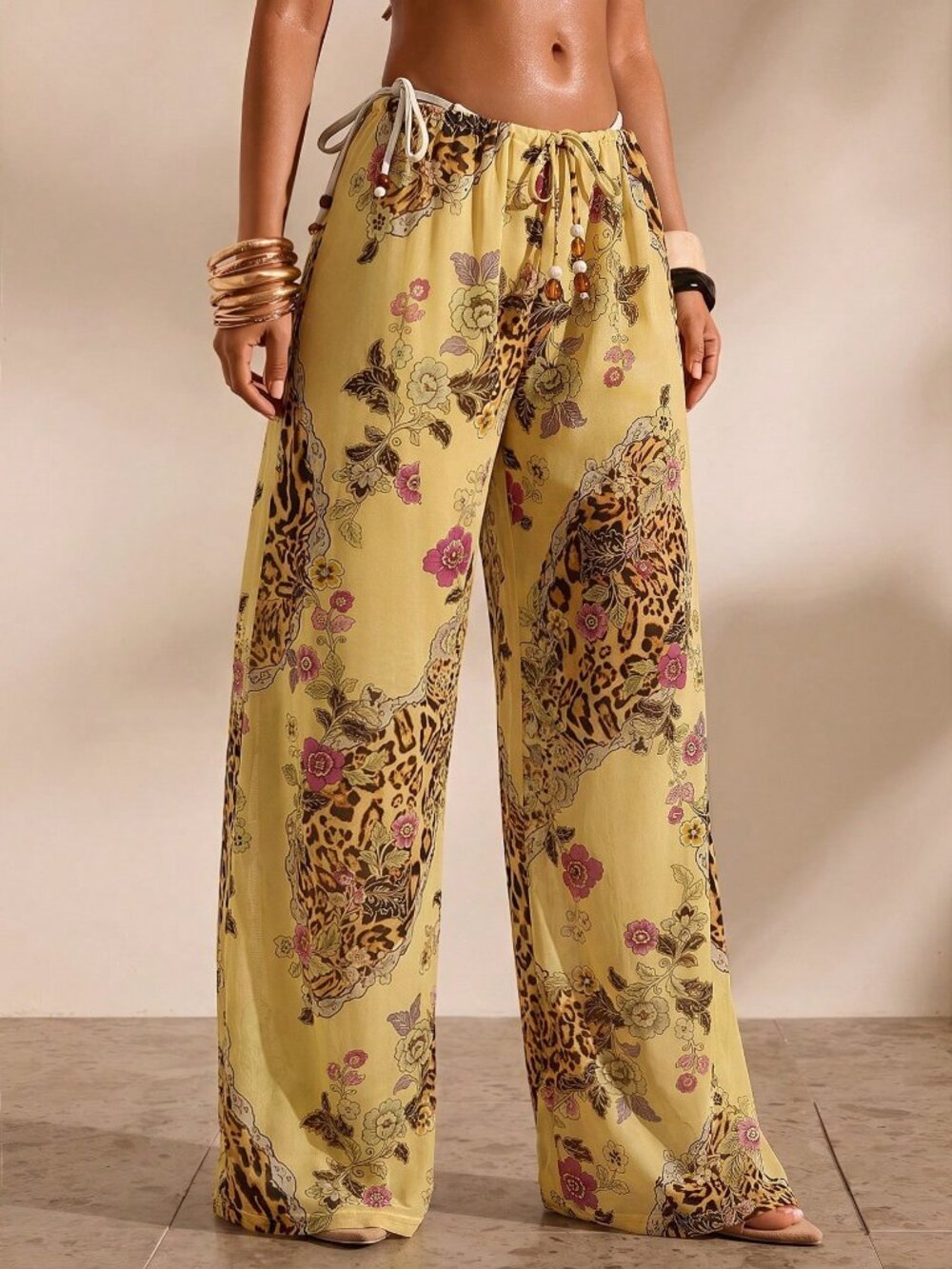Multicolor Women's Floral Print Casual Vacation Cover-Up sheer Pants - Picture 5 of 8